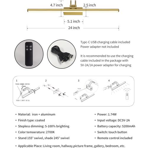 KDG LED Cordless Wall Picture Light with Remote, 7000mAh Rechargeable Dimmable Art Lighting, Adjustable Swing Arm, Picture Frame Light for Gallery, Living Room, Hallway, 24 inch, Bronze