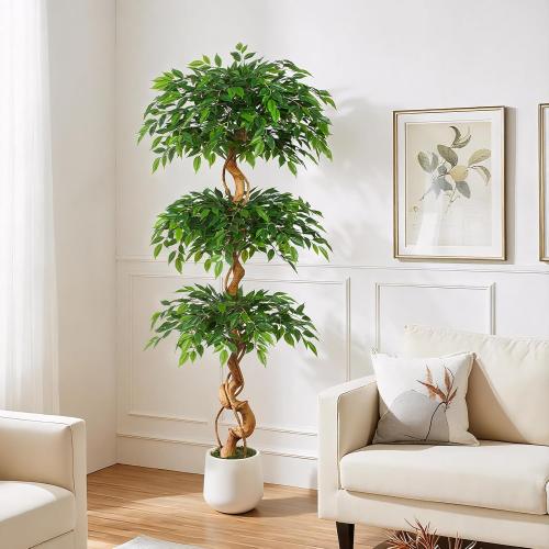 Artsleafy 6ft Large Ficus Artificial Trees in White Pot, 72 Tall Fake Silk Tree with Natural Curved Trunk, Lush Faux Ficus Tree for Indoor Home Decor, Living Room, Office & Patio