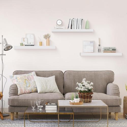 Size 24 inch Color White Colima Floating Shelves for Wall White Wood Wall Shelf for Bedroom, 24 Inch Wall Mounted Floating Shelves for Bathroom Living Room Kitchen Office, 1.3 Thick Floating Book Shelves for Wall, Set of 3