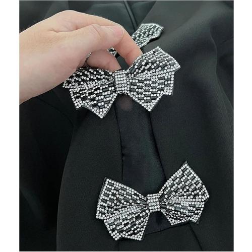 Size M Women's Crystal Bow Embellished Black Dress Mini Short A-Line Party Evening Gown Puff Sleeve Summer Dress