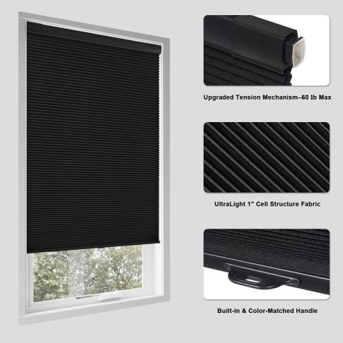 Size 35 1/2 W x 64 H Color Black No Drill Cellular Shades for Indoor Windows, Thermal Insulating & Noise Reducing Honeycomb Blinds, Free Stop Cordless Blackout Shades, Black,