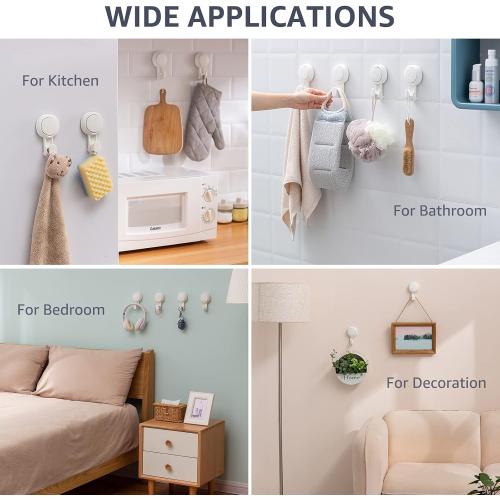 White 4 Pack LEVERLOC Heavy Duty Suction Cup Shower Hooks 4 Pack, Damage-Free Shower Hangers for Inside Bathroom Wall, Powerful Vacuum Suction Towel Hooks, Loofah Holders, Easy to Install and Remove, White