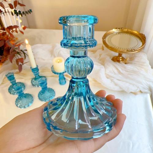 Set of 6 Color Blue Glass Candlestick Holder,Striped Taper Candle Holders,Set of 6 Candle Stand for Table Centerpieces, Home Decor,Weddings,Festival and Parties (Blue Stripe Pattern)