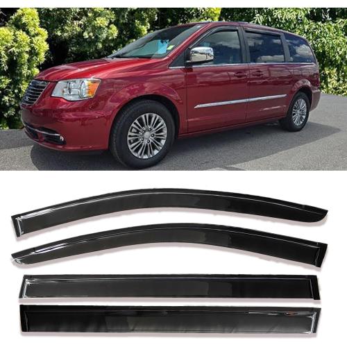 4Pcs Tape On Side Window Rain Guards Window Visors Vent Deflectors Compatible with 2008-2018 Chrysler Town Country/Dodge Grand Caravan, Wind Deflector Smoke 4PCS 94251