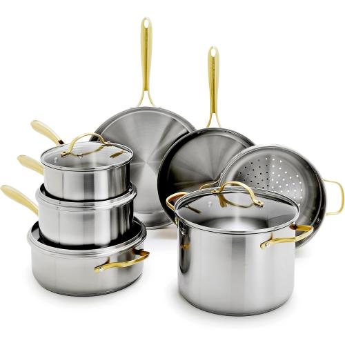GreenPan Stainless Steel Cookware Set, 11 Piece, Induction Cookware, Dishwasher Safe, Oven Safe to 600F, Large 8QT Stock Pot, Sauce, Saute, Frying Pans, Pots & Pans Kitchen Essentials, Gold