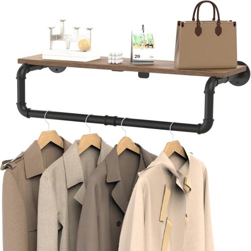 Size 27.6x10.2x5.9 Inch, Industrial Pipe Clothes Rack, Heavy Duty Iron Wall Mounted Garment Rack for Hanging Clothes, Shelf with Hanging Rod, 27.6x10.2x5.9 Inch, Black