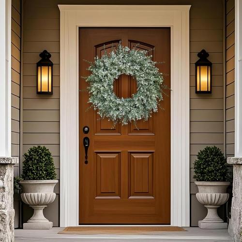 26'' Large Eucalyptus Wreath for Front Door, Porch- Artificial Eucalyptus and Lavender with Babys Breath Flowers Wreath for Home, Farmhouse Wall Decor- Spring, Summer, Fall, All Seasons (White-Green)