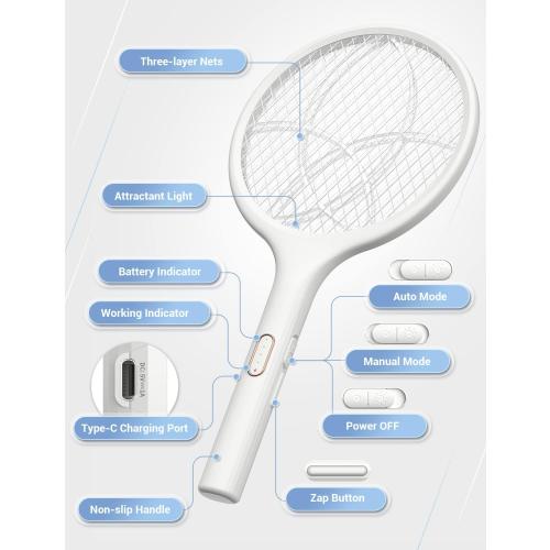 YISSVIC Electric Fly Swatter 4000V Bug Zapper Racket Dual Modes Mosquito Killer with Purple Mosquito Light Rechargeable for Indoor Home Office Backyard Patio Camping