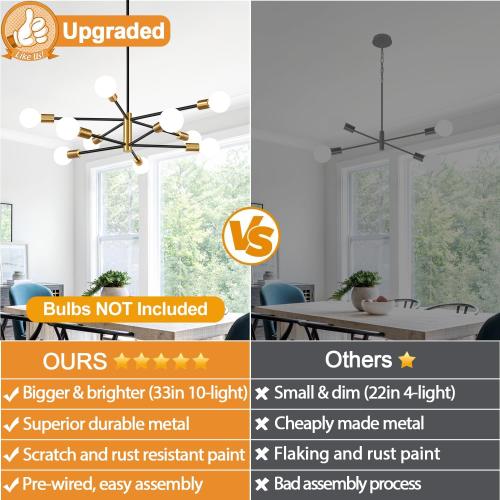 32 Modern Chandelier Ceiling Light Fixture, 10-Light Sputnik Chandeliers Brushed Gold and Black Dining Room Light Fixture, Height Adjustable Chandeliers for Dining Room Living (Bulbs Not Included)