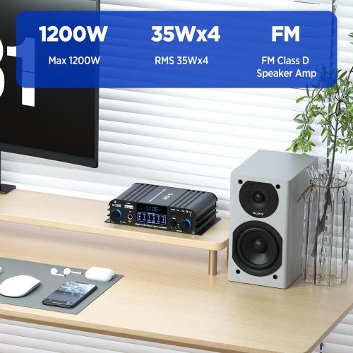 1200W Amplifier Home Audio 4 Channel, Bluetooth5.0 Small Amplifier, RMS 45Wx4, 300W*4 Peak Power Stereo Receiver with USB, SD, Class D Speaker Amp for Home Theater Karaoke RCA, Garage