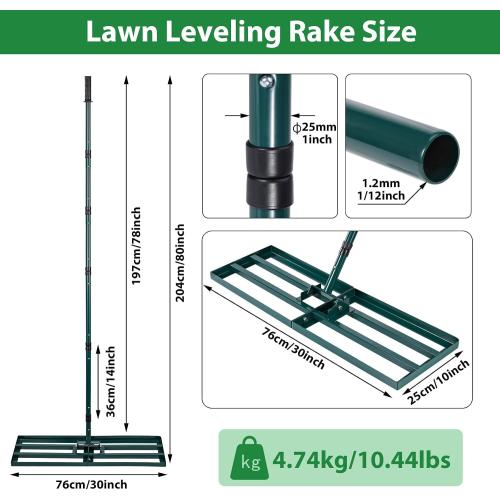 Lawn Leveling Rake,Stainless Steel Lawn Leveler with 30”x10” Ground Plate, 78” Adjustable Long Handle, Level Yard Tool for Grass, Golf Field, Level Soil or Dirt Ground Surfaces-Green