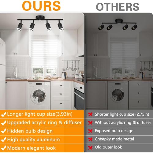 4-Light Kitchen Lighting Fixtures Ceiling Mount, Black Track Semi Flush Mount Ceiling Light, Modern Adjustable Multi-Directional Hallway Light Fixtures for Living Room, Dining Room, Foyer