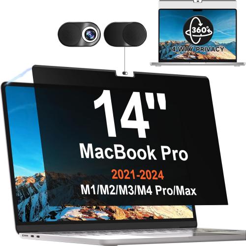 Size MacBook Pro 14 Inch  Magnetic 360° Privacy Screen for MacBook Pro 14 Inch (2021-2024, M1, M2, M3, M4, Pro, Max), Removable Anti Glare Blue Light Filter, 4 Way Anti Spy Black Protector for Mac Pro 14In Laptop Computer