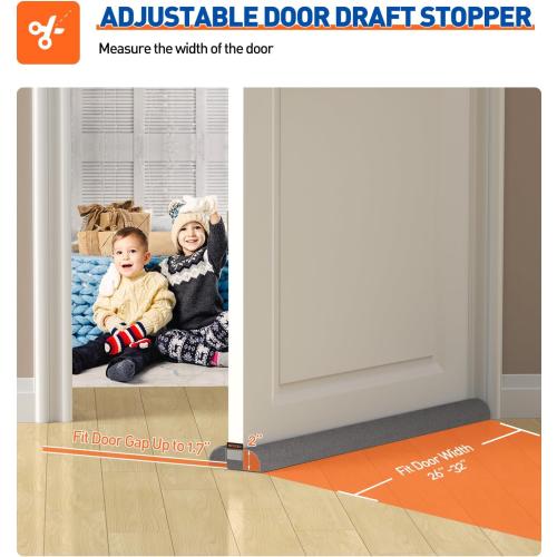 MAGZO Door Draft Stopper, 32 Inch Adjustable Under Door Gap Filler, Fits 26'' - 32'' Bottom Widths, Seals Gaps up to 1.7, Soundproof Sweep Blocks Air, Noise, Light, Dust- Grey