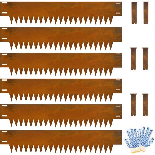 Co rten Steel Landscape Edging 10 Inch Tall 6 Packs, Pre-Rusted Metal Garden Edging, Hammer in Landscape Edging with 6 Clips and a Pair of Gloves, Steel Edging for Landscaping, Garden