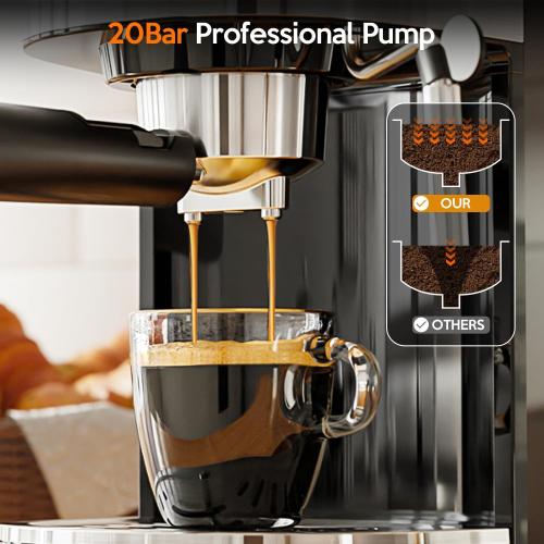 20 Bar Espresso Machine Semi-Automatic, Professional Coffee Maker with Milk Frother Steam Wand & 45OZ Removable Water Tank, Home Barista System for Cappuccino, Latte, Americano-Stainless Steel