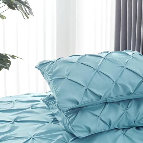 Fluffy Comforter Set, KING 7 Pieces Pinch Pleat Design Bedding Set, Down Alternative Comforter with 2 Pillow Shams, 2 Pillowcases, 1 Flat Sheet, 1 Fitted Sheet (Stone Blue Pinch Pleat, KING)
