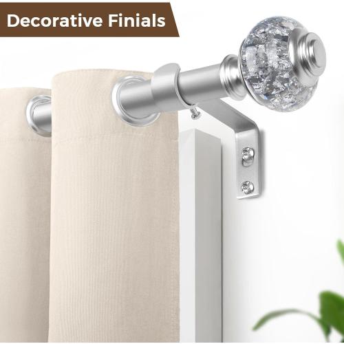 1 Inch Curtain Rods 72 to 144 Inches (6 to 12 ft) Telescoping Single Drapery Rod, USFOOK Heavy Duty Curtain Rods for Windows with Silver Decorative Translucent Finials