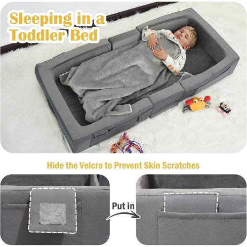 ENITYA Toddler Travel Bed – Portable Foldable Soft Foam Floor Bed for Kids 1–4yr, No Assembly, Washable Cover, Built-in Safety Rails, Compact for Travel & Home Use, Grey
