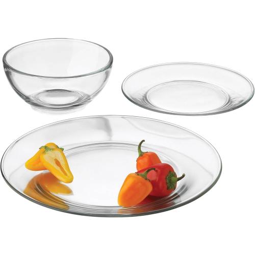 Libbey Round 12 Piece Glass Dinnerware Set, Stackable Glass Plate and Bowl Set w/Round Shape, Modern Plates and Bowls Sets for Gatherings, and Everyday Use