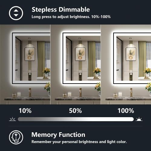 48x32 Inch LED Bathroom Mirror with Lights (Front Lit and Backlit) Black Framed Lighted Vanity Mirror for Bathroom Wall Dimmable Anti-Fog Memory Tempered Glass Horizontal/Vertical