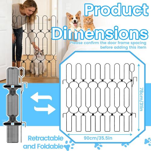Retractable Dog Gate for Front Door, Bite-Proof Metal Pet Dog Barrier, Foldable Space-Saving Wall-Mounted for Small and Medium-Sized Dogs, Easy Install Dog Gate, Indoor/Outdoor (W: 35.5in H: 31in)