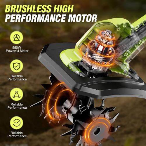 21V Cordlees Tiller Cultivator for Gardening, 400RPM Electric Garden Tiller, Brushless Rototiller with 2 * 3.0Ah Battery, 9.5 Width 7 Depth, for Yard、Lawn、Soil Tiller (Green)