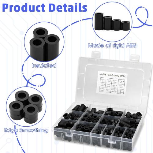 300Pcs Black Nylon Round Spacer M6 M8 Non-Threaded Assortment Kit