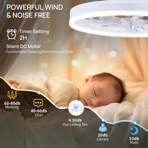 Size 20 Color White RGB Ceiling Fans with Lights, 20 Fandelier Low Profile Ceiling Fan with Light, Modern Flush Mount Ceiling Fan Light with Remote/APP Control, Bedroom Chandelier Fan Fixture for Indoor(White)