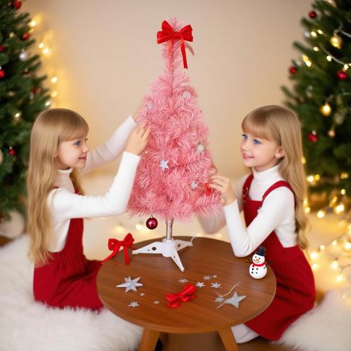 2ft Pink Artificial Christmas Tree,Mini Tabletop Xmas Pine Tree with 80 Branch Tips and Plastic Stand for Indoor and Outdoor Decoration