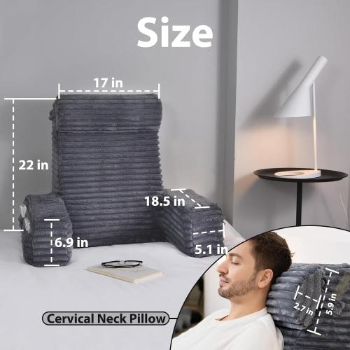Reading Pillow for Sitting in Bed Adult, XL Back Pillow for Bed Sitting up, Back Support Chair Pillow for Sitting up/Watching TV/Reading/Gaming/Resting/Post Surgery,Dark Grey