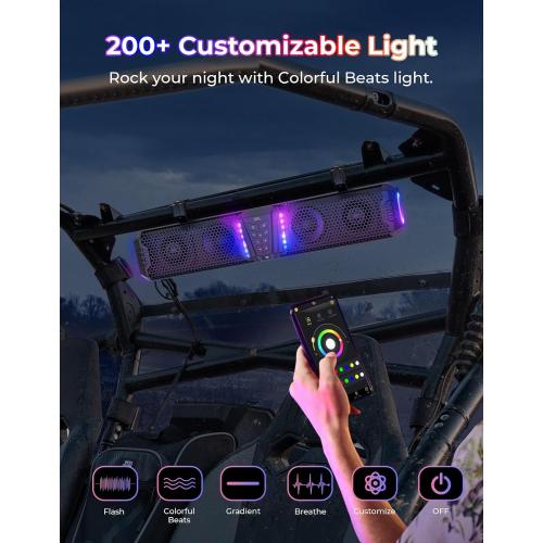 KEMIMOTO Midnight 60 26-inch UTV Sound Bar Waterproof IP66, 65Hz Deep Bass, APP Control Multicolor Lights, Metal-Built Soundbar Bluetooth for ATV Golf Cart Marine Boat fits 1-2 Roll Bar