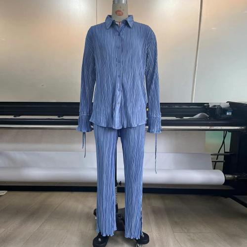 Size L...Wide Leg Pants Sets Women 2 Piece Outfits Casual Long Sleeve Button Down Shirt Linen Pants Outfits Fashion Streetwear (Color : Blue, )