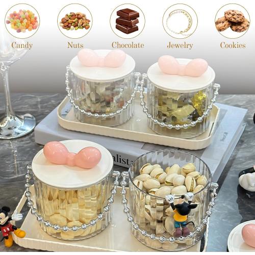Candy Dish with Lid and Tray, Cylindrical Clear Candy Jar with Handle, Durable Plastic Storage for Cookies, Nuts, Jewelry, and Decorative Use (Pink)