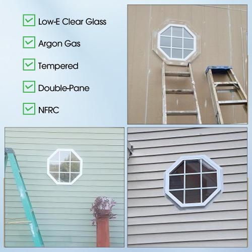 24x24 Vinyl Octagon Window with Grill,Low-E Glass with Argon Gas,Double-Pane Insulated Tempered Clear Glass Octagon Fixed Window and Picture Window