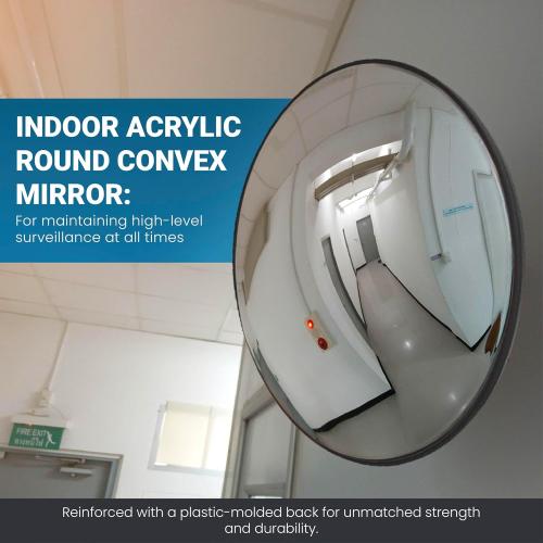 12” Acrylic Indoor Convex Mirror With Plastic Back, Round Indoor Security Mirror for the Garage Blind Spot, Store Safety, Warehouse Side View, Wall Mirror for Personal or Office Use - Vision Metalizers,Black