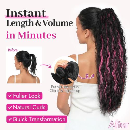 Black Hot Pink Curly Synthetic Drawstring Ponytail Extension | Lightweight 160g Natural Looking Heat Resistant Wavy Hairpieces for Women Daily Use Party 30 Inch Black Hot Pink Highlights