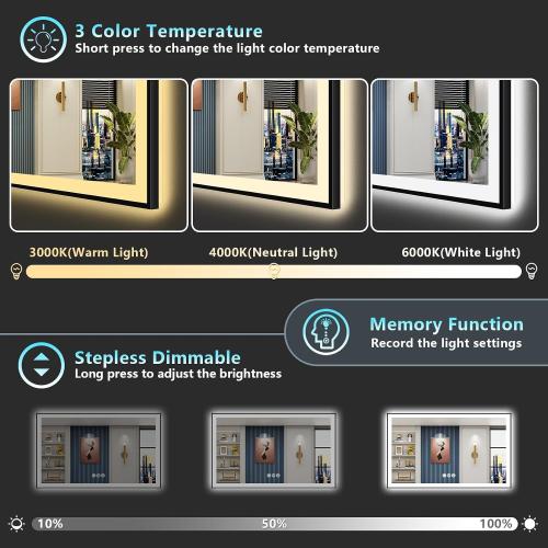 55x40 Black LED Bathroom Mirror, Backlit & Front Lit Lighted Mirror | Metal Framed Anti-Fog Vanity Mirror with Lights, 3 Color Dimmable, Memory, HD Tempered Glass, CRI95, UL Listed, Wall Mounted