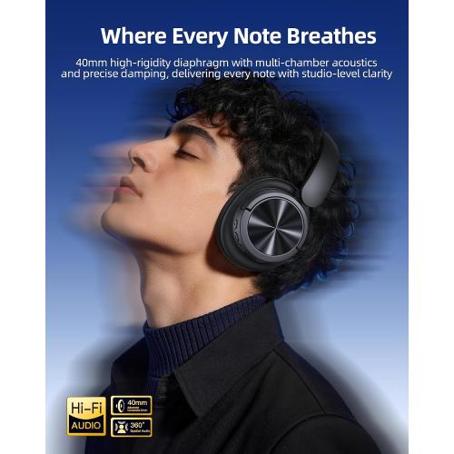 Hybrid Active Noise Cancelling Headphones 120H Playtime Wireless Headphones Bluetooth 6.0 Over Ear Headphones with 6 ENC HD Call Mic, Hi-Res 360° Spatial Audio ANC Headphone for Travel Workout Black