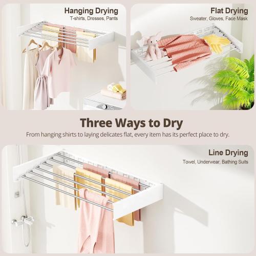Wall Mounted Clothes Drying Rack Folding Indoor, Foldable Laundry Drying Rack Collapsible,Invisible, Space Saving, Retractable Towel Drying Rack, with Wall Template(6 Drying Rods, White 40)