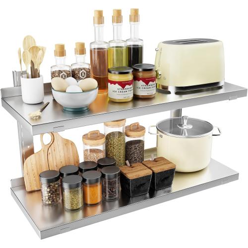 Stainless Steel Shelf, 31.5 x 12.6 Commercial Floating Wall Shelf with Brackets, 110Lbs Capacity, Adjustable Double-Layer Metal Heavy Duty Storage Rack for Restaurant, Kitchen Bar Home Hotel