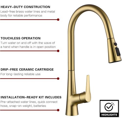 sumerain Touchless Pull Down Kitchen Faucet Brushed Gold Hands-Free Motion Sensor Kitchen Sink Faucet Single Handle