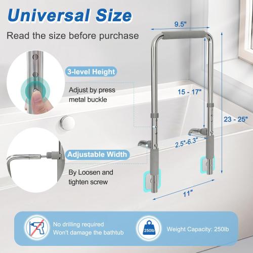 Bath Tub Handles for Seniors Shower Rails Elderly Adults Safety, Bathtub Clamp Grab Bars Helper No Drill, Handicap Bathroom Tub Support Bar Assist Devices, Help Getting Out of Bathtub