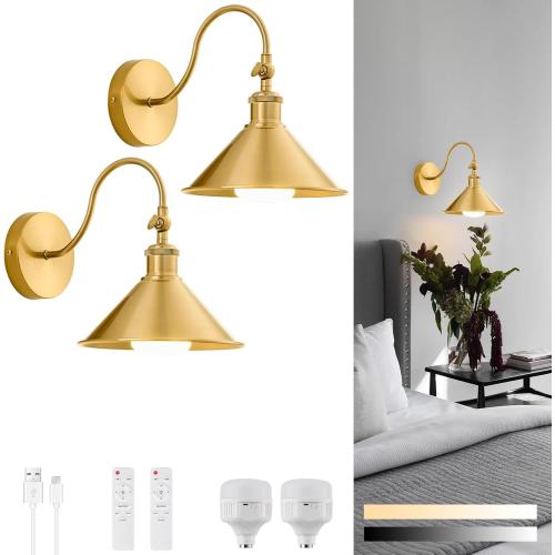 Wireless Battery Operated Wall Sconce, Gold Industrial Wall Lights Decor Set of 2, Vintage Rechargeable Magnetic Cordless Wall Lamp Fixture with Remote for Farmhouse Bedroom Living Room