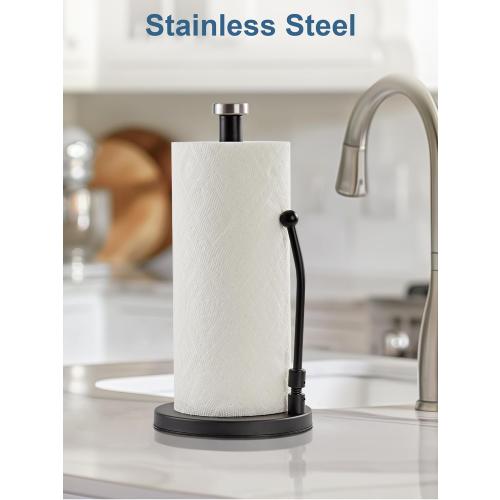 Silver SMARTAKE Paper Towel Holder, Paper Towel Dispenser Standing Weighted Base Non Slip, Spring Arm Fit Most Size Paper Roll, Stainless Steel Paper Towel Holder for Home Kitchen Countertop Tabletop