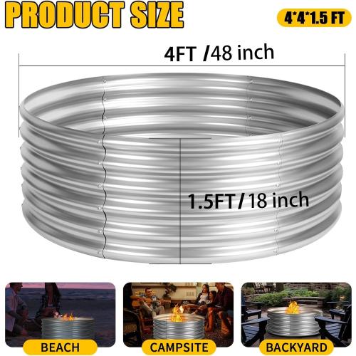 Silver 48 inch Fire Pit Ring, 4FT Galvanized Fire Ring, Wood Burning Fire Pits Ring, Outdoor Fireplace Height 18 Inch, Round Camp Fire Ring, Bonfire Pit for Camping, Backyard (4x4x1.5FT)