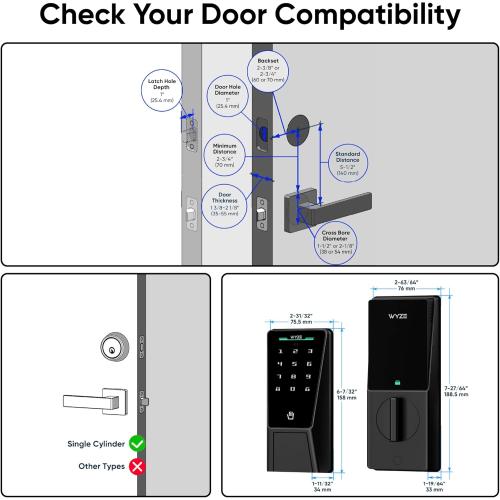 Wyze Palm Lock, Smart Door Lock with Palm Vein Recognition, Keyless Entry Smart Locks for Front Door, Keypad, Auto Lock, Dual Battery, Wi-Fi, Works with Alexa & Google, BHMA, IP53, Mechanical Key