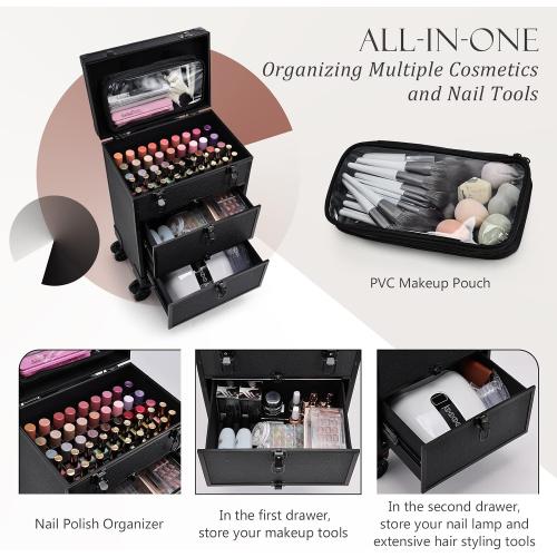Size Medium Color Black Professional 3 in 1 Rolling Makeup Case Cosmetology Case on Wheels 2 Large Drawer Nail Case Trolley Traveling Cosmetic Train Case with Makeup Pouch for Artists Nail Technician Salon Cart Trunk Black