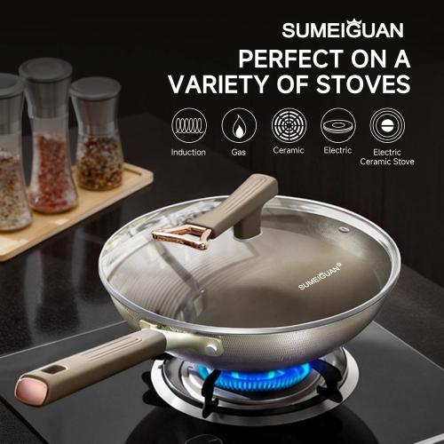 13 Inch Titanium Wok Pan with Lid - Non Stick Frying Pan, Extended Cool-Touch Handle, PFAS/PFOA/PTFE Free Flat Bottom Wok, Dishwasher Safe, Works on All Stovetops Including Induction