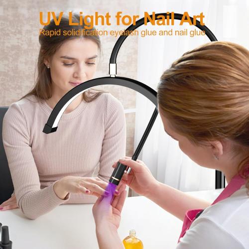 Half Moon Lash Light for Lash Tech, 3-in-1 Professional Esthetician Light with UV Lash Lamp & Phone Holder, Adjustable Height&Brightness for Tattoo,Nail Art,Skincare,Salon,Spa (Black)
